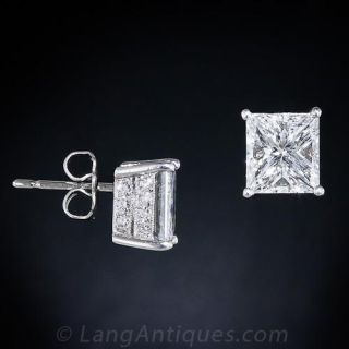 3.02 Carat Princess-Cut Diamond Stud Earrings