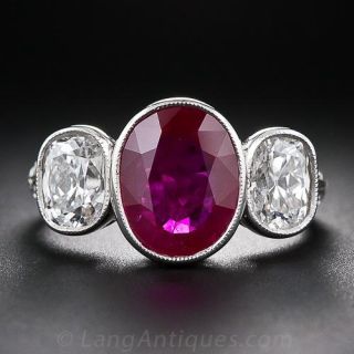 3.13 Carat Ruby and Diamond Three-Stone Ring