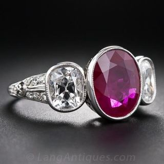 3.13 Carat Ruby and Diamond Three-Stone Ring