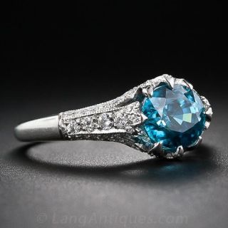 3.34 Carat Blue Zircon, Platinum and Diamond Ring