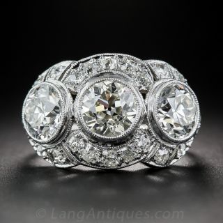 3.65  Carat Diamond and Platinum Art Deco Three-Stone Ring - 1