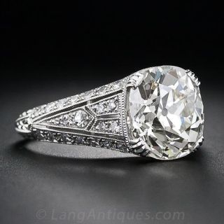 3.84 Carat Antique Cushion-Cut Platinum and Diamond Engagement Ring