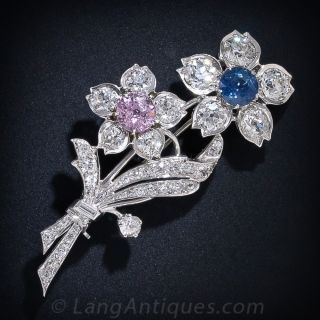 3.90 Carats Pink and Blue Sapphire 7.00 carats Diamond Floral Brooch 
