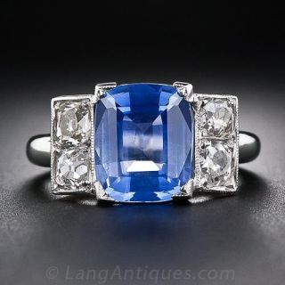 3.91 Carat Sapphire Platinum and Diamond French Art Deco Ring