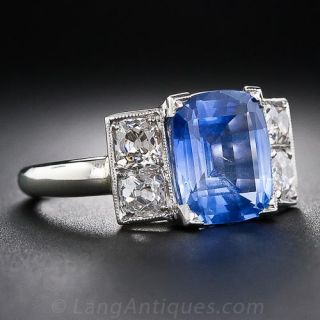 3.91 Carat Sapphire Platinum and Diamond French Art Deco Ring
