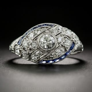 .30 Carat Diamond, Platinum and Calibre Sapphire Art Deco Engagement Ring