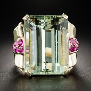 30 Carat Green Beryl/Aquamarine and Ruby Retro Cocktail Ring - 2