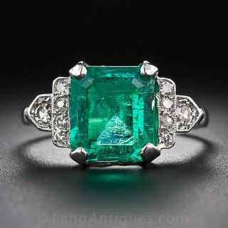 4.18 Carat Art Deco Emerald and Diamond Ring
