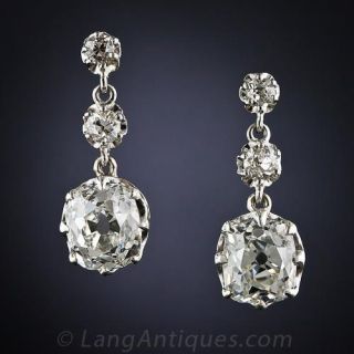 4.38 Carat Antique Cushion Diamond Drop Earrings