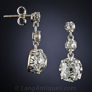 4.38 Carat Antique Cushion Diamond Drop Earrings