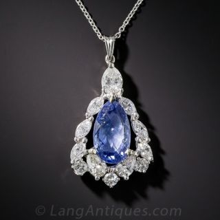 4.39 Carat No-Heat Pear-Shape Sapphire, Platinum and  Diamond Pendant