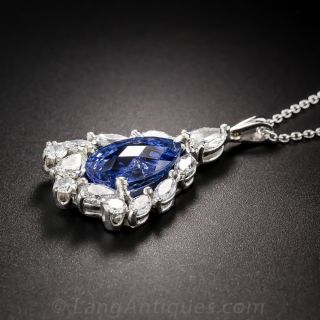 4.39 Carat No-Heat Pear-Shape Sapphire, Platinum and  Diamond Pendant