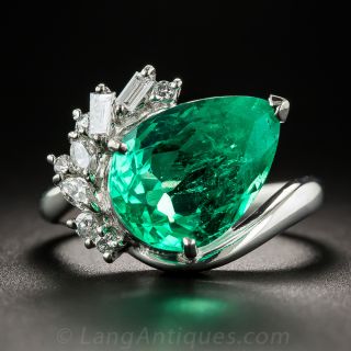 4.48 Carat Pear Shaped Colombian Emerald Platinum and Diamond Ring