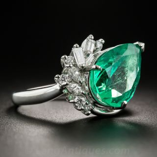 4.48 Carat Pear Shaped Colombian Emerald Platinum and Diamond Ring