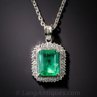 4.60 Carat Emerald Platinum and Diamond Pendant Necklace