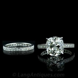4.67 Carat Antique Cushion Cut Diamond Wedding Set