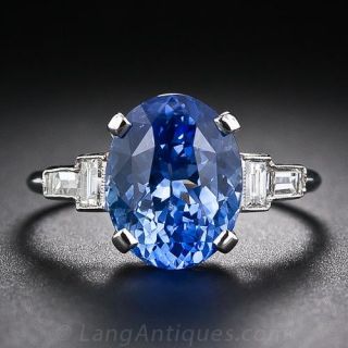 4.78 Carat Sapphire Platinum and Diamond Art Deco Ring