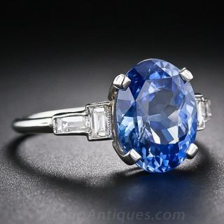 4.78 Carat Sapphire Platinum and Diamond Art Deco Ring