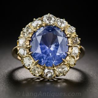 4.80 Carat No Heat Sapphire and Diamond Vintage Halo Ring