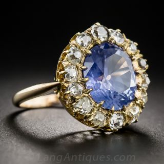 4.80 Carat No Heat Sapphire and Diamond Vintage Halo Ring