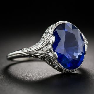 4.89 Carat Ceylon Sapphire, Platinum and Diamond Art Deco Ring