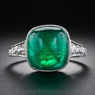 5.00 Carat Cabochon Emerald and Platinum Diamond Art Deco Ring
