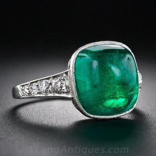 5.00 Carat Cabochon Emerald and Platinum Diamond Art Deco Ring