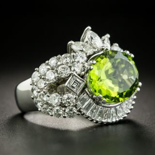 5.90 Carat Oval Peridot and Mixed Shaped Diamond Dome Ring