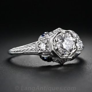.50 Carat Art Deco Platinum Diamond and Calibre Sapphire Engagement Ring