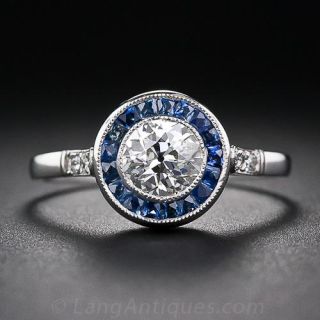 .57 Carat European-Cut Diamond and Sapphire Art Deco Style Ring