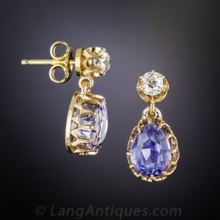6.20 Carat Antique Natural Sapphire and Diamond Drop Earrings