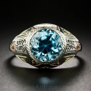 6.24 Carat Blue Zircon Tri-Color Gold Art Deco Ring