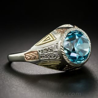 6.24 Carat Blue Zircon Tri-Color Gold Art Deco Ring