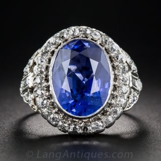 6.63 Carat No Heat Sapphire and Diamond Art Deco Ring
