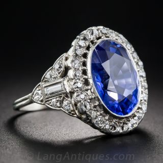 6.63 Carat No Heat Sapphire and Diamond Art Deco Ring