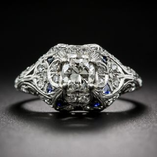 .65 Carat Center Art Deco Platinum Diamond and Sapphire Ring