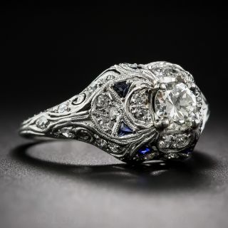 .65 Carat Center Art Deco Platinum Diamond and Sapphire Ring