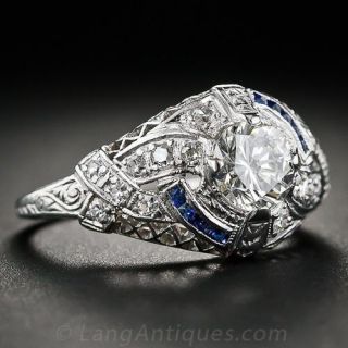 .68 Carat Art Deco Platinum, Diamond and Calibre Sapphire Ring