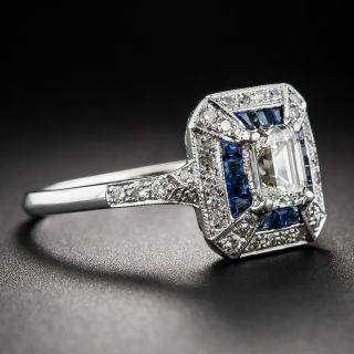 .69 Carat Emerald-Cut Art Deco Style Diamond and Calibre Sapphire Ring