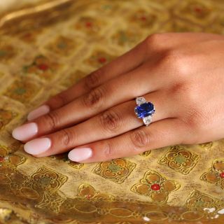 7.18 Carat No-Heat Cushion-Cut Sapphire Platinum and Diamond Ring