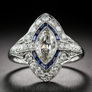 .75 Carat Art Deco Marquise Diamond and Sapphire Ring