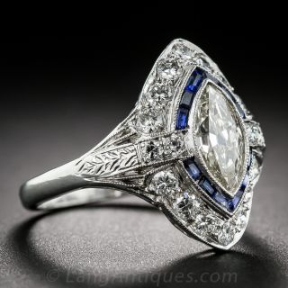 .75 Carat Art Deco Marquise Diamond and Sapphire Ring