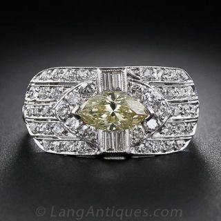 .79 Carat Natural Intense Fancy Yellow Marquise Diamond Art Deco Cigar Band Ring