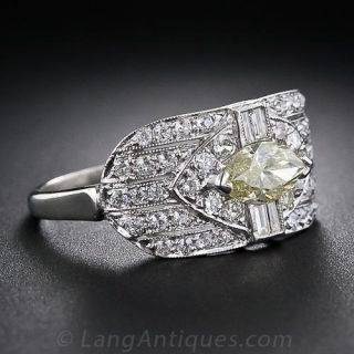 .79 Carat Natural Intense Fancy Yellow Marquise Diamond Art Deco Cigar Band Ring