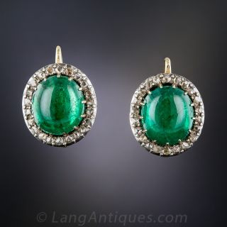 8.00 Carat Emerald Cabochon and Rose-Cut Diamond Antique Earrings