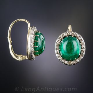 8.00 Carat Emerald Cabochon and Rose-Cut Diamond Antique Earrings