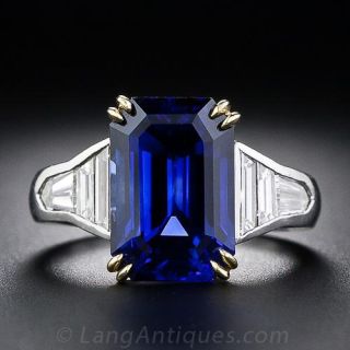 8.10 carat Emerald-Cut Sapphire and Baguette Diamond Ring