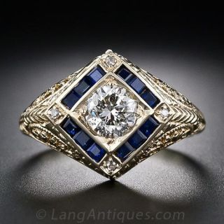 .80 Carat Art Deco Diamond and Sapphire Ring in Yellow Gold