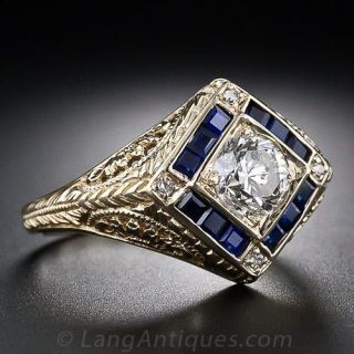 .80 Carat Art Deco Diamond and Sapphire Ring in Yellow Gold