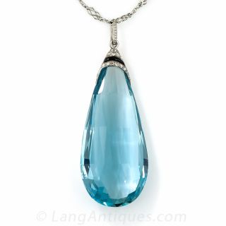 80 Carat Briolette Aquamarine Art Deco Lavaliere Necklace